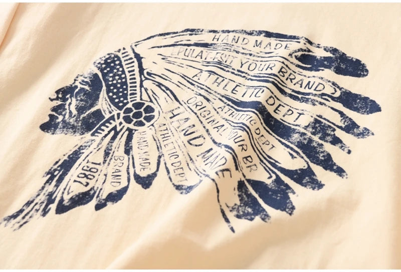 Autumn New American Retro Long Sleeve O-neck Indian Printed T-shirt Men's Fashion 100% Cotton Washed Casual Bottoming Tops