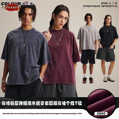 ZODF Retro 2025 Men Summer Batik Washed Cotton T-Shirts Unisex High Street Raglan Sleeve Patchwork T Shirt Brand Tees HY1062