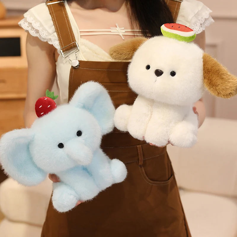 20cm Summer Fruit Decor Kawaii Animal Stuffed Toys Cute Squatting Cow Elephant Dog Bear Plushies Soft Huggable Gift For Girl