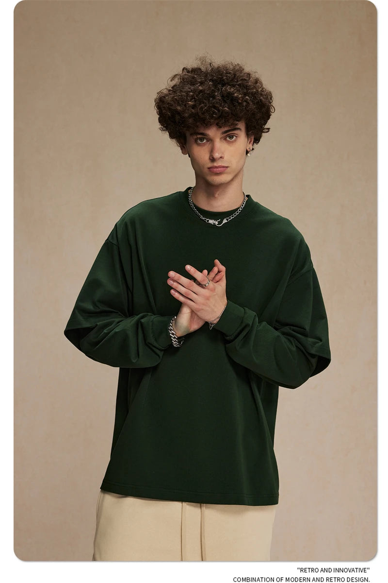 ZODF Fashion Spring Autumn Men 100% Cotton T-Shirt Unisex Fake 2-Piece 305gsm Solid Full Sleeve O Neck T Shirt Brand Tees HY0925