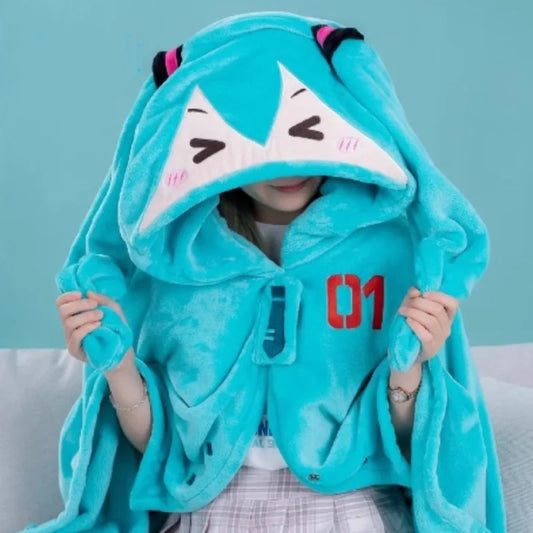 Kawaii Hatsune Itabag Multifunctional Hooded Air Conditioning Blanket Flannel Cloak Soft And Warm Nap Shawl Miku Surprise Gift