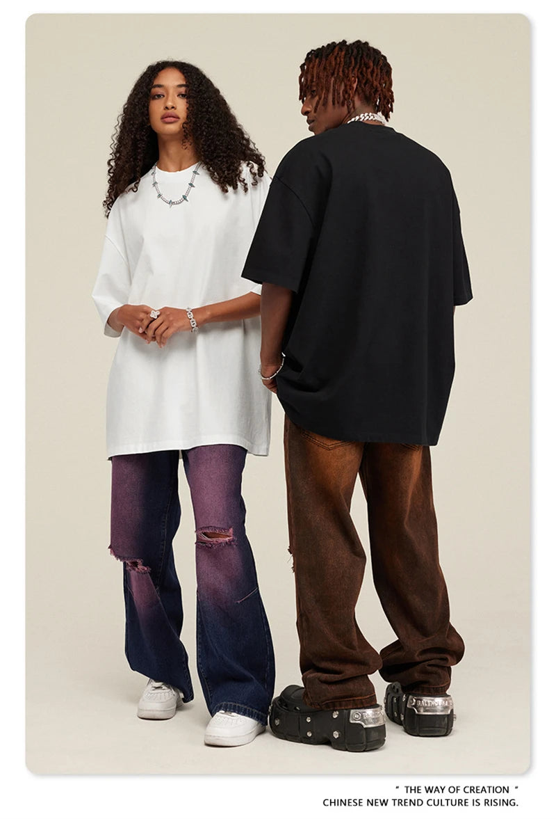 ZODF New Summer Men Washed Batik Cotton T Shirts Unisex American Retro High Street 270gsm Short Sleeve Tees Streetwear HY0489