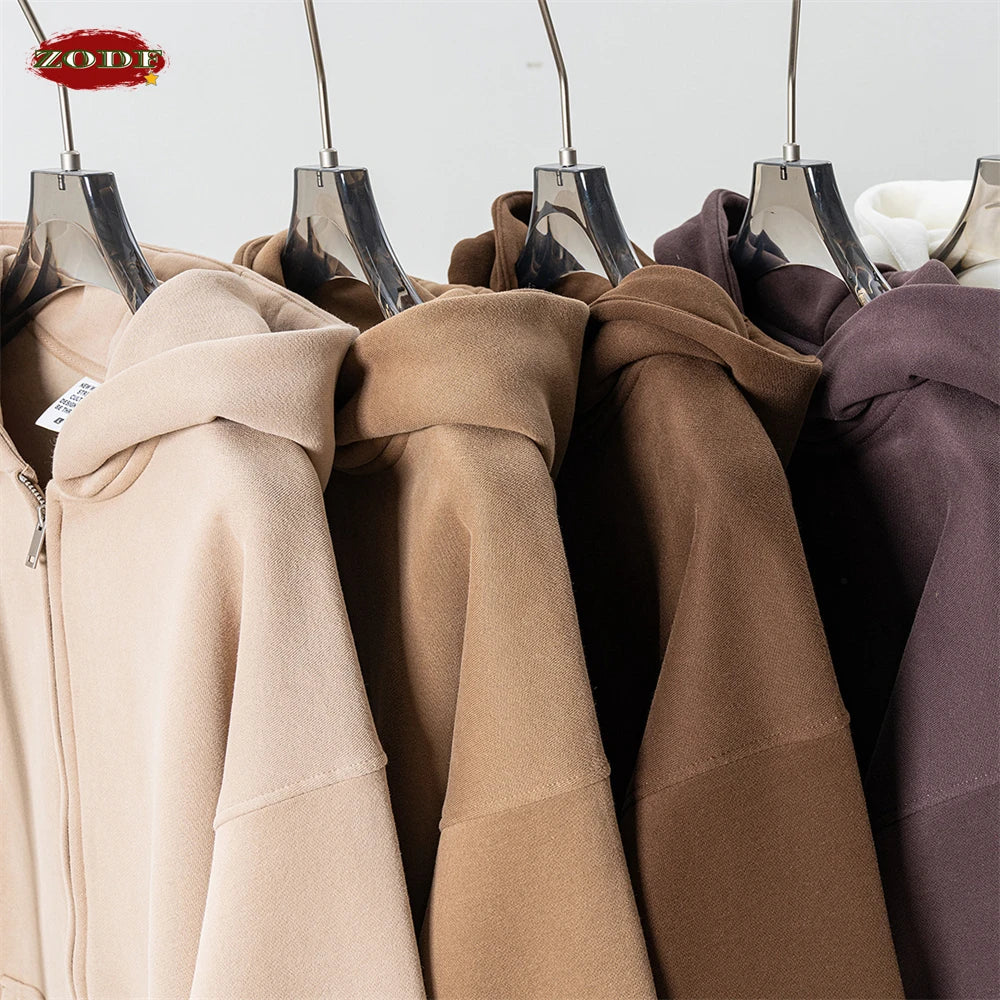 ZODF Fashion Winter Men Warm Zipper Fleece Hoodies Unisex Loose Basic 345gsm Knitted Hooded Hoodie Coats HY0904