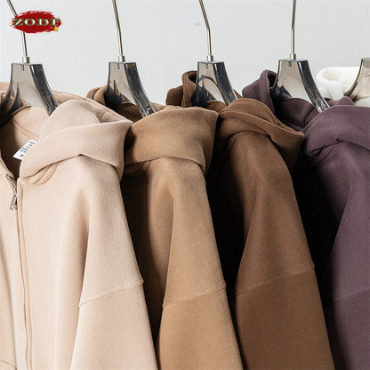 ZODF Fashion Winter Men Warm Zipper Fleece Hoodies Unisex Loose Basic 345gsm Knitted Hooded Hoodie Coats HY0904