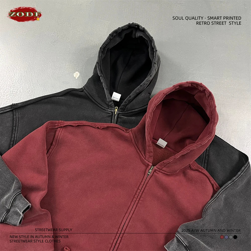 ZODF Vintage Man's Batik Washed Fleece Zipper Hoodie Unisex Winter Warm Distressed Hooded Coat Pullovers Brand Clothing HY1146