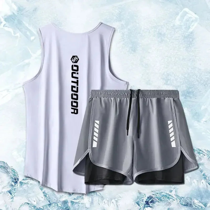 Men’s Summer Sport Suit Two-Piece Set Vest & Shorts Quick Drying Mesh Ventilation Fitness Running Tracksuit - 2PCA