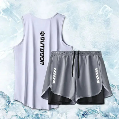 Men’s Summer Sport Suit Two-Piece Set Vest & Shorts Quick Drying Mesh Ventilation Fitness Running Tracksuit - 2PCA
