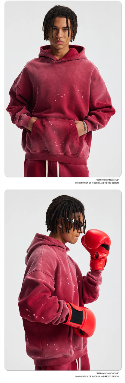 ZODF Trendy Men Washed 360gsm Fleece Hoodies Unisex Oversized Warm Paint Distressed Hooded Pullovers Winter Coat HY0947