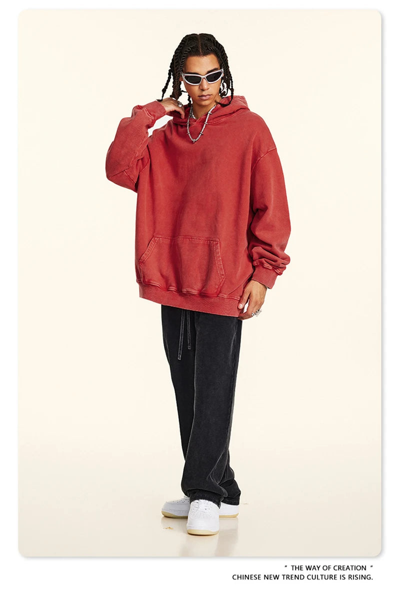 ZODF Retro Men Heavyweight Washed Cotton Hoodies Unisex Loose Thick 420gsm Hooded Sweatshirts Pullovers Coats HY0466