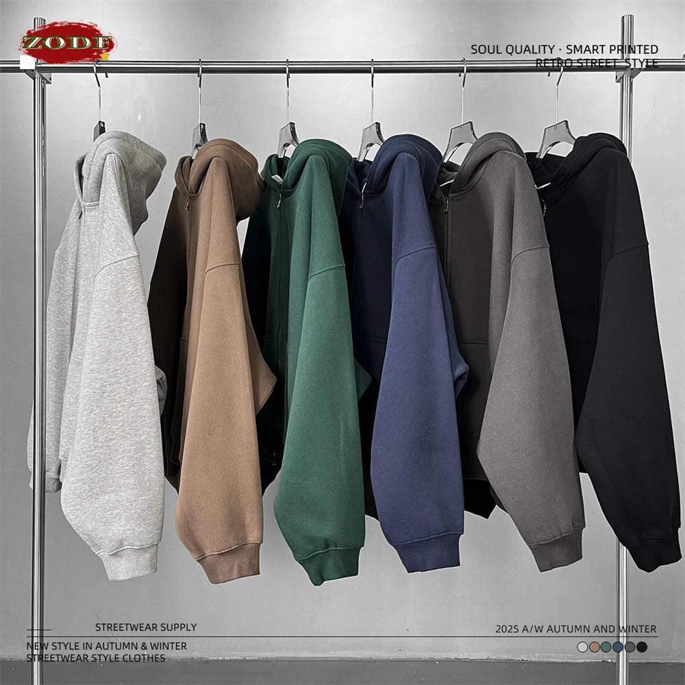 ZODF Trendy 2025 Winter Man Solid Fleece Boxy Hoodies Unisex 350gsm Double Head Zipper Hooded Sweatshirts Coat HY1122
