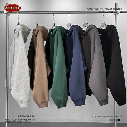 ZODF Trendy 2025 Winter Man Solid Fleece Boxy Hoodies Unisex 350gsm Double Head Zipper Hooded Sweatshirts Coat HY1122