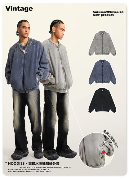 ZODF New Winter Washed Double Zipper Jackets For Men Unisex Loose Heavy Weight 450gsm Raglan Sleeve Cotton Coats HY0654
