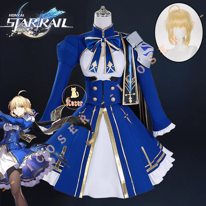 iCoser Honkai Star Rail Fate Saber Cosplay Costume Wig Blue Dress Uniform Outfit Halloween Party for Women Girls Carnival Props
