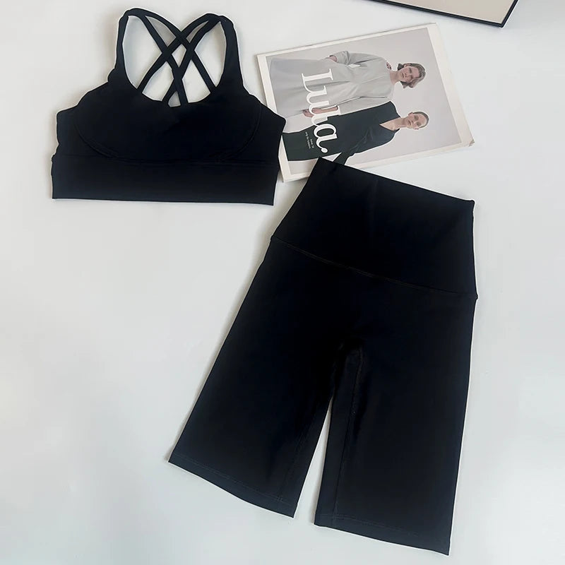 2 Pieces Yoga Shorts Gym Sports Sets Women Fitness Suits Cross Back Bra Top High Waist Shorts Running Workout Clothes Tracksuit
