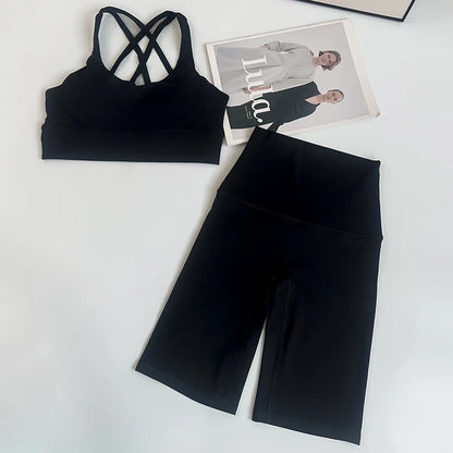 2 Pieces Yoga Shorts Gym Sports Sets Women Fitness Suits Cross Back Bra Top High Waist Shorts Running Workout Clothes Tracksuit