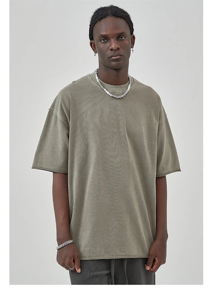 ZODF 2025 High Street Men Batik Washed Solid T Shirts Unisex Summer Loose Edge Noshrink 275gsm Cotton T-Shirt Streetwears HY0466