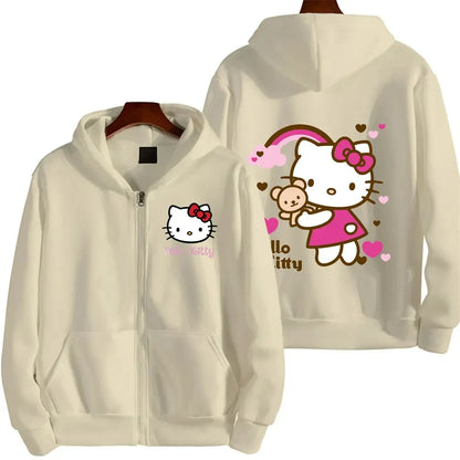 Women's Zipper Hoodie Autumn and Winter New Cute Kawaii Sanrio Hello Kitty Pattern Sweatshirt 2024 Streetwear Women's Clothing