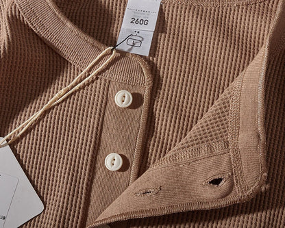 Autumn And Winter New American Heavyweight Retro Men's Waffle Long-sleeved T-shirt Loose Fashion Henley Collar Bottoming-shirt
