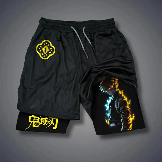 Demon Slayer Anime Men Gym Shorts Quick Dry Double-layer Sports Pants Streetwear Summer Workout Sportswear Fitness Beach Pants