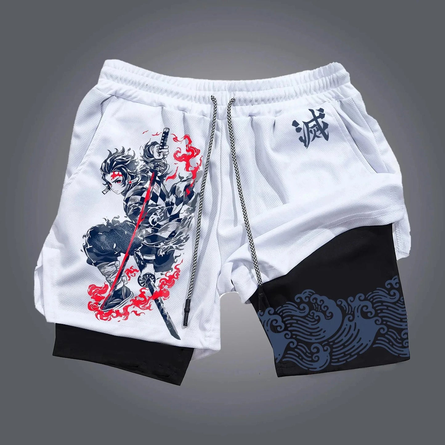 Summer Fashion Men Gym Shorts Demon Slayer Anime Quick Dry Double-layer Sports Pants Streetwear Sportswear Fitness Beach Pants