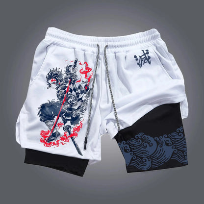Summer Fashion Men Gym Shorts Demon Slayer Anime Quick Dry Double-layer Sports Pants Streetwear Sportswear Fitness Beach Pants