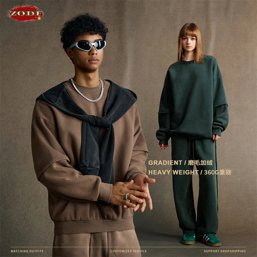 ZODF Trendy 2025 Winter Man 360gsm Washed Fleece Hoodies Unisex Patchwork Loose Fake 2 Pieces Knitted O Neck Sweatshirts HY1089