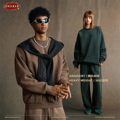 ZODF Trendy 2025 Winter Man 360gsm Washed Fleece Hoodies Unisex Patchwork Loose Fake 2 Pieces Knitted O Neck Sweatshirts HY1089