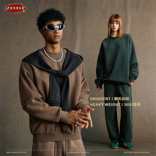 ZODF Trendy 2025 Winter Man 360gsm Washed Fleece Hoodies Unisex Patchwork Loose Fake 2 Pieces Knitted O Neck Sweatshirts HY1089