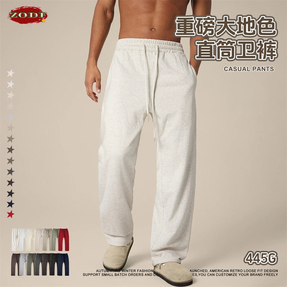 ZODF New 2025 Autumn Men's 445GSM Sweatpants Unisex High Street Soft Knitted Straight Pants Brand Streetwears Tracksuits HY0382