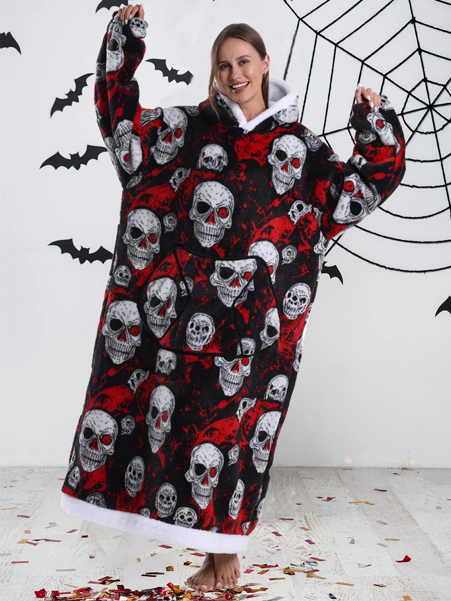 Short/Long Hoodie Blanket for Adults Winter Soft Thicken Warm Wearable Blanket Hoodie with Sleeves Halloween Pajamas for Couples