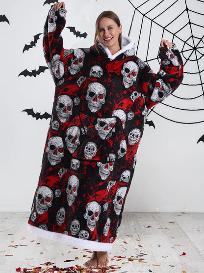 Short/Long Hoodie Blanket for Adults Winter Soft Thicken Warm Wearable Blanket Hoodie with Sleeves Halloween Pajamas for Couples