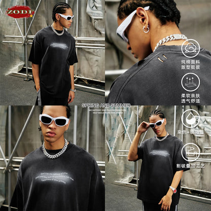 ZODF Summer High Street Printing T-Shirts For Men Unisex Retro Washed 250gsm Ripped Cotton T Shirt Brand Tops HY0858
