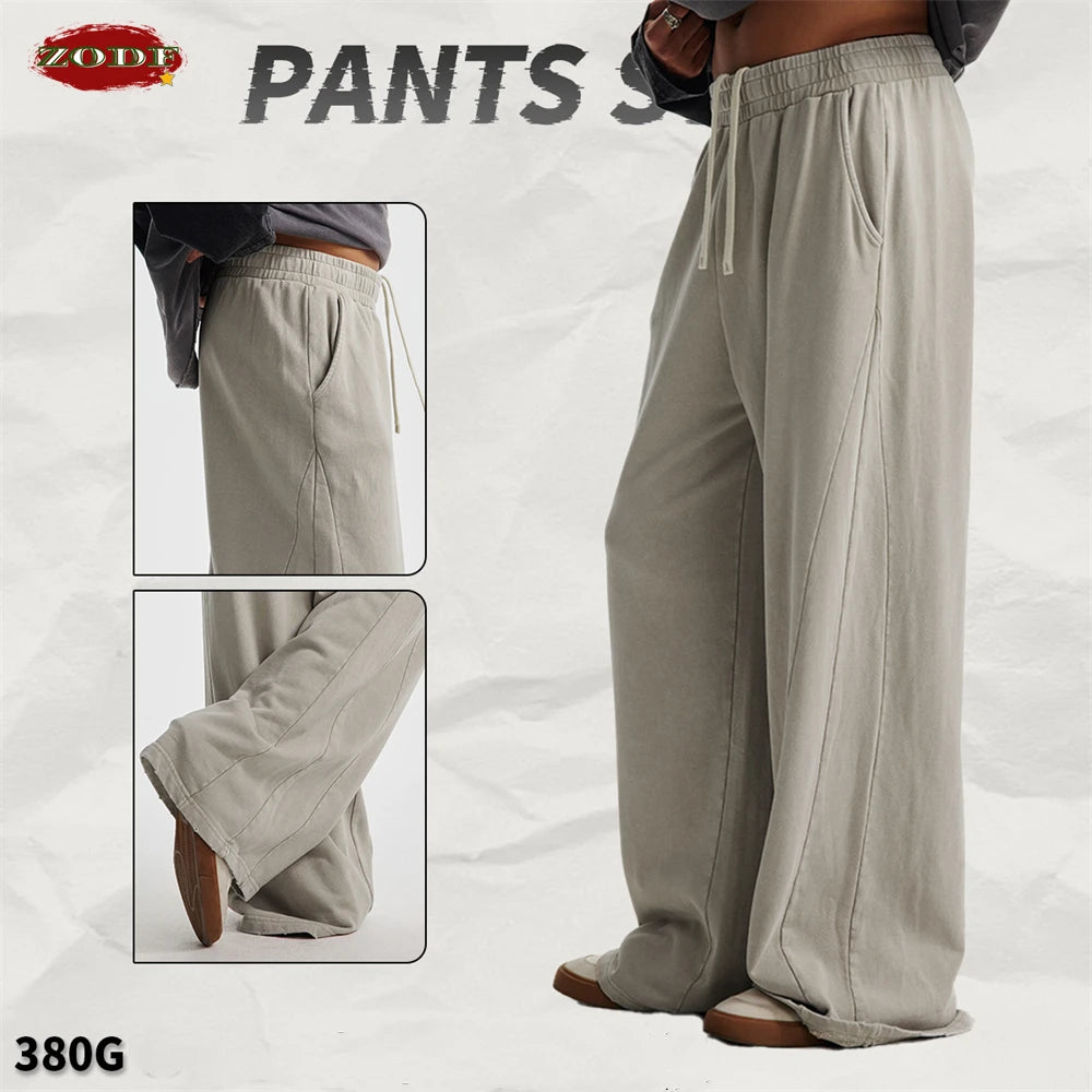 ZODF Retro 2025 Autumn Men 380gsm Washed Cotton Pants Unisex Patchwork Distressed Heavyweight Loose Solid Terry Trousers HY1071