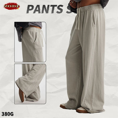 ZODF Retro 2025 Autumn Men 380gsm Washed Cotton Pants Unisex Patchwork Distressed Heavyweight Loose Solid Terry Trousers HY1071