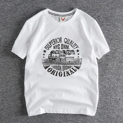 Summer American Retro Short-sleeved O-neck Locomotive Printed T-shirt Men's Fashion Simple 100% Cotton Washed Casual Sport Tops