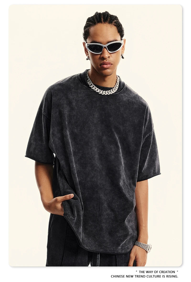 ZODF Retro 2024 Summer Men Washed Cotton T-Shirts  Unisex Women 310gsm Distressed Hem Loose Edge T Shirt Brand Tees HY0808