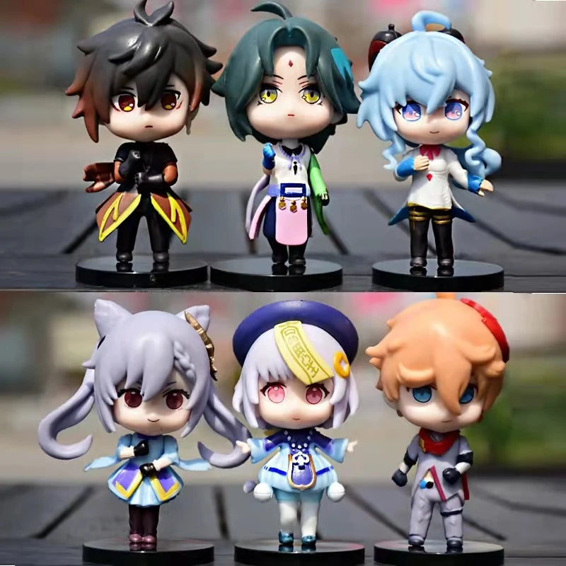 Hot 6pcs Genshin Impact Anime Figure Set Aether Lumine Amber Venti Diluc Paimon Kawaii Character Dolls Toy Gift