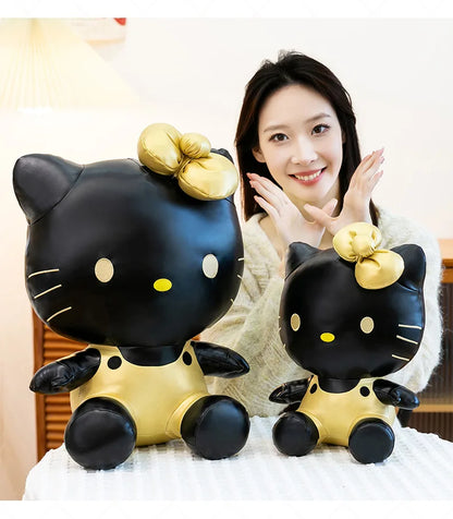 Cute Hello Kitty Plush Toy Black Gold Leather Cute Stuffed Animal Doll Kids Birthday Xmas Gift for Girls Plushie Pillow Present