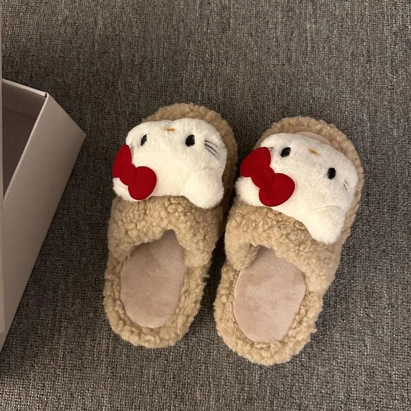 New Sanrio Sweet Hello Kitty Warm Cotton Slippers For Student Dormitory Comfortable One Word Hairy Adult Cotton Slippers
