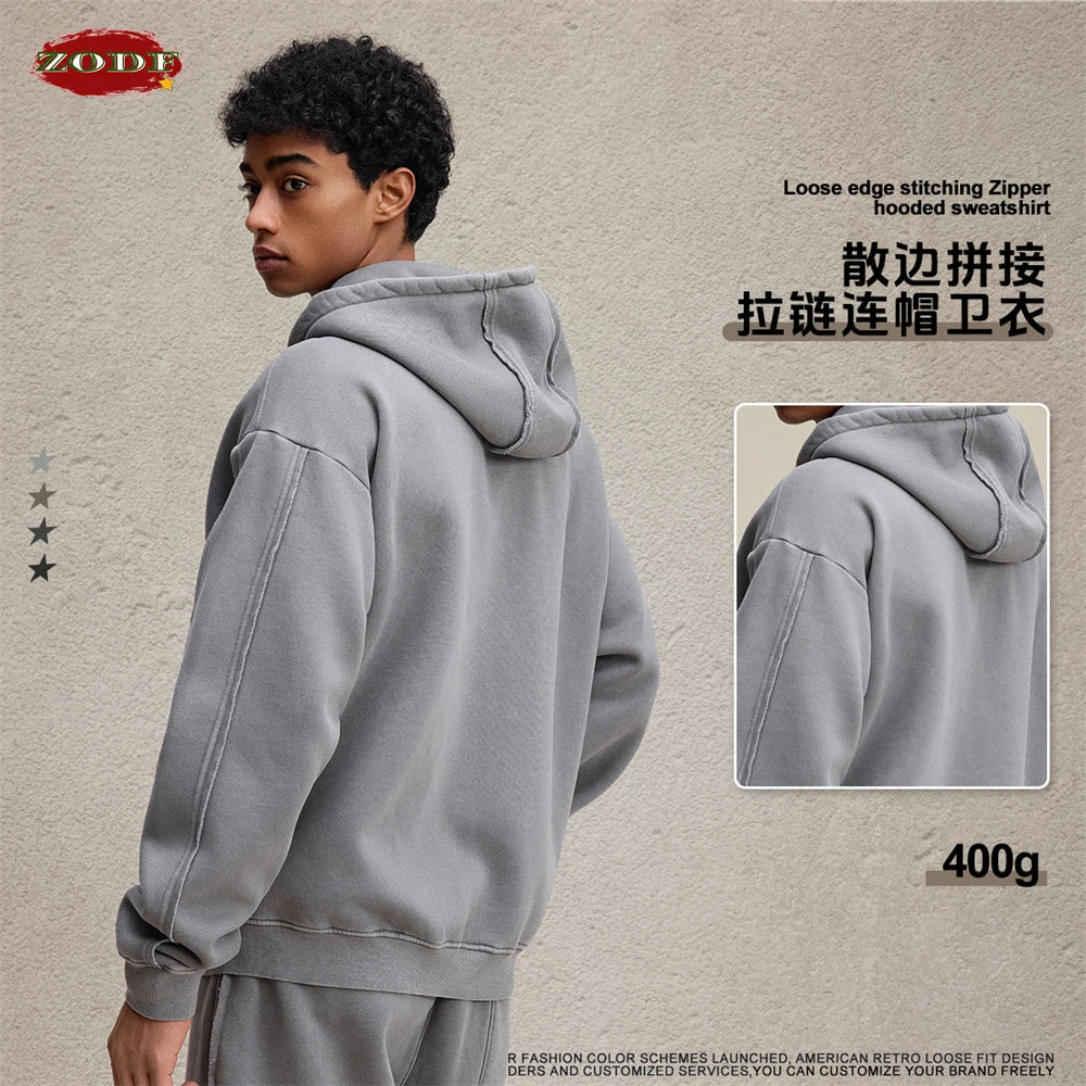 ZODF Retro 2025 Autumn Winter Unisex Zipper Fleece Hoodie 400gsm Washed Batik Warm Hooded Coat HY1084