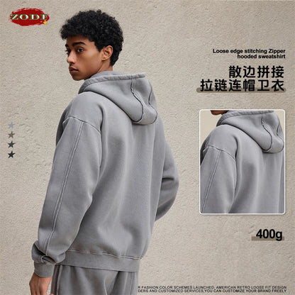 ZODF Retro 2025 Autumn Winter Unisex Zipper Fleece Hoodie 400gsm Washed Batik Warm Hooded Coat HY1084