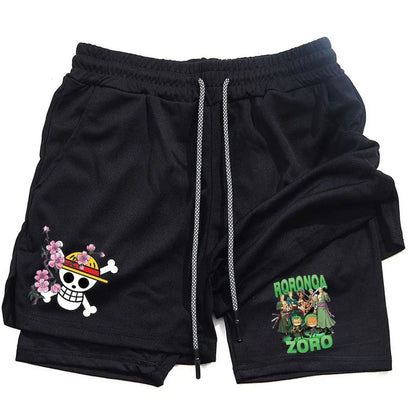New Summer One Piece Anime Gym Shorts Man Women Double-Layer Mesh Breathable Sports Shorts Y2k Casual Fitness Quick-drying Pants