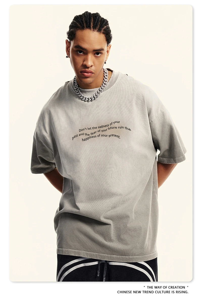 ZODF Summer High Street Printing T-Shirts For Men Unisex Retro Washed 250gsm Ripped Cotton T Shirt Brand Tops HY0858