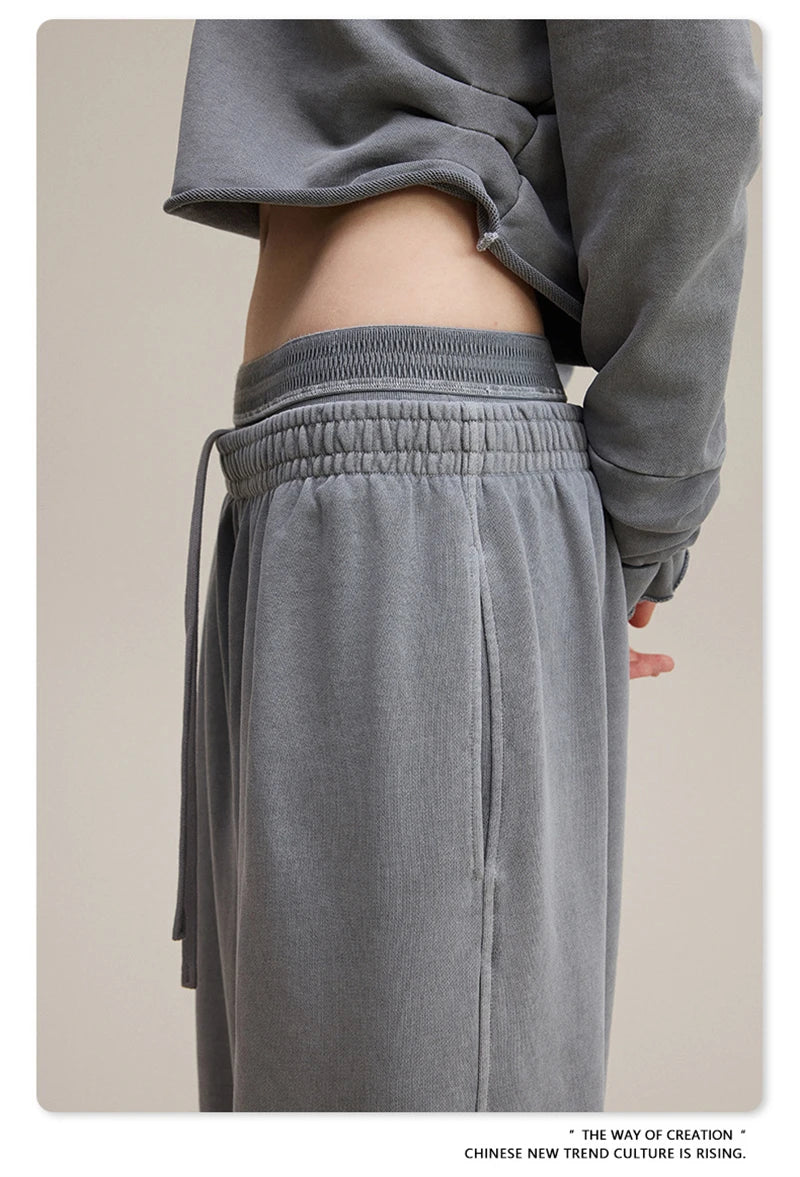 ZODF Retro Women Washed 370gsm Straight Pants Vintage Girls Female Loose Double Waist Wide Leg Cotton Trousers HY1150