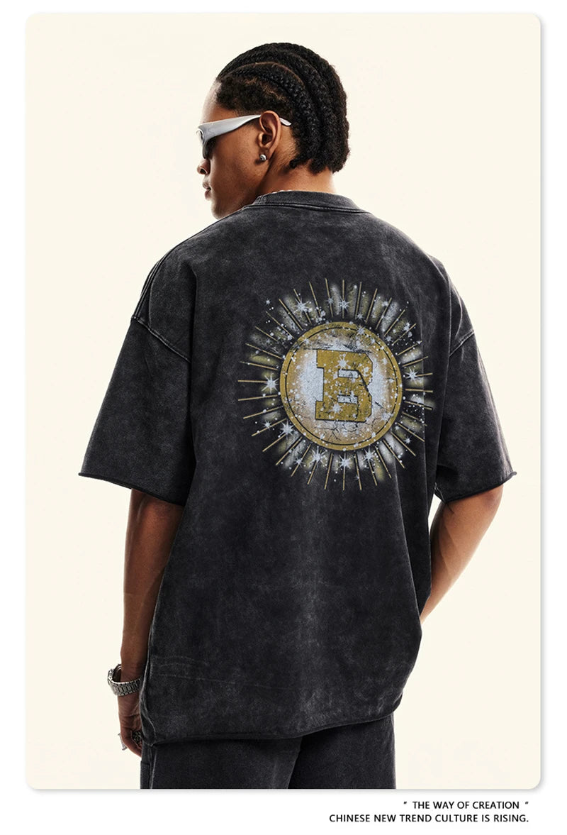 ZODF 2024 Summer 310GSM Cotton T-Shirts For Men Unisex Washed Comfortable High Street Printing T Shirt Tees HY0463