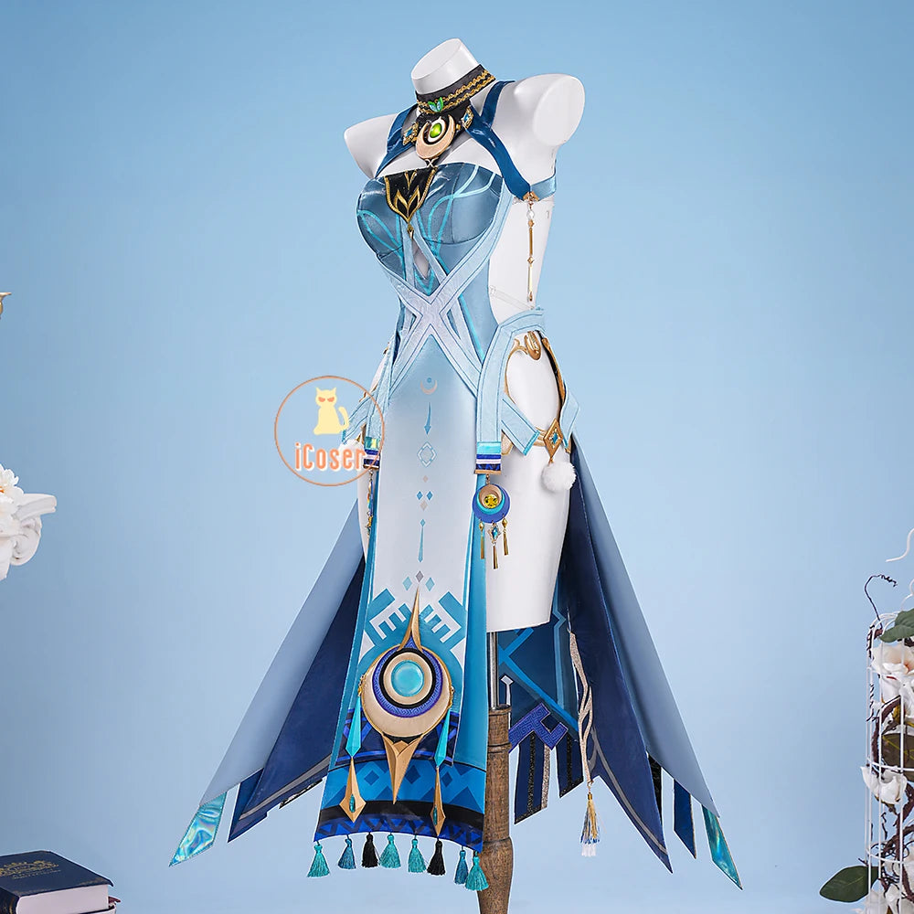 Genshin Impact Lauma Cosplay Costume Wig Dress Uniform Headwear Earrings Frostmoon Scions Halloween Party for Women Girls iCoser