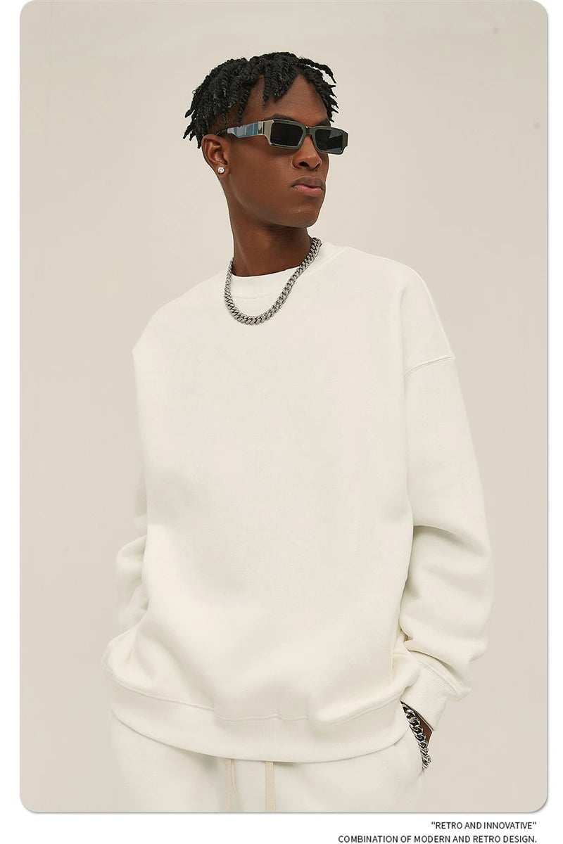 ZODF New 2025 Winter 350gsm Fleece Sweatshirts For Men Unisex Casual Loose Basic Solid O-Neck Thick Warm Pullovers HY0635