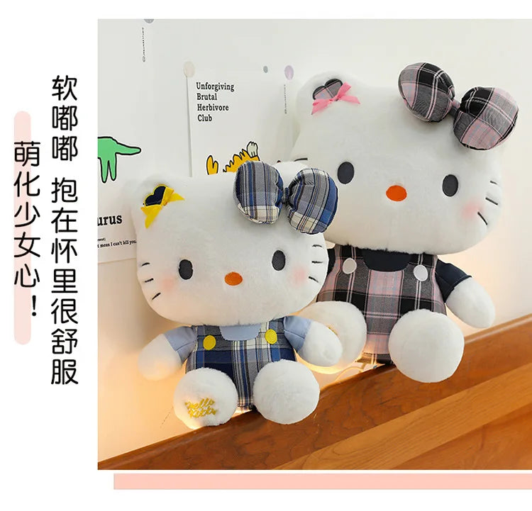 Sanrio Hello Kitty Plush Toy Retro Plaid Skirt Kitty Doll Stuffed Animal Creative Gift for Kids Birthday Christmas Girls Pillow