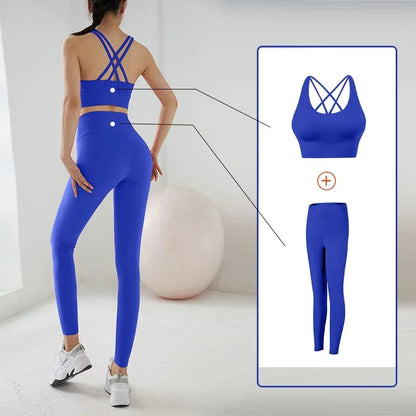 2 Piece Yoga Set Solid Color Women's High Waisted Leggings Tight-Fitting Quick-Drying Running Underwear Cross Bra Fitness Suit