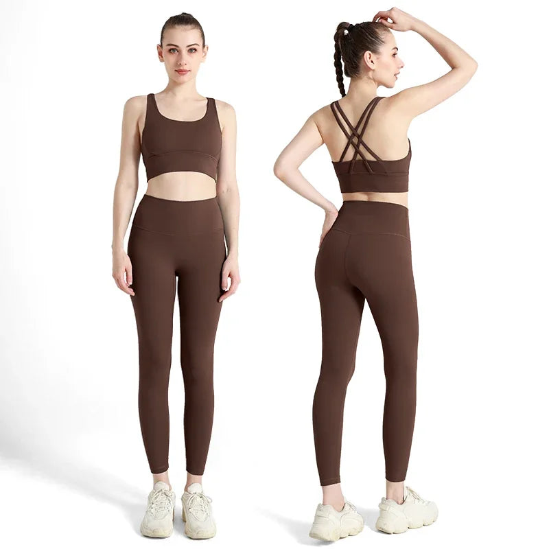 Women’s 2 Piece Yoga Set Sleeveless Cross Back Sports Bra and Leggings Athletic Tracksuit Pilates Fitness - Chestnut / L